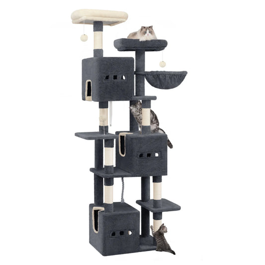 193cm Large Cat Tree, XXL Cat Climbing Frame, 7-Tier Cat Tree with 7 Scratching Posts, 3 Caves, 3 Pom Poms, and 2 Platforms