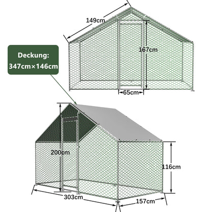 Kippenhok – Kippenren – Dierenverblijf – Ren – Kippenkooi – 3x2x2 Meter – Gegalvaniseerd Stalen Frame – Waterafstotend PE Dak