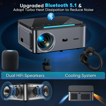Xiwbsy - Beamer - Projector Beamer - Projector 4k - 1080P -  Automatische focus - met WiFi 6  - 25000 Lumens - Buiten- en thuisprojector - Android 4K - Zwart - QUORE