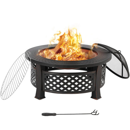 Vuurkorf - Vuurschaal - 3-in-1 - BBQ Grill - Schaal - met Grillrooster en Vonkenscherm – Grote Ø81 cm - Vuurbak voor Barbecue, Verwarming en Lounge - Bonfeu - Zwart