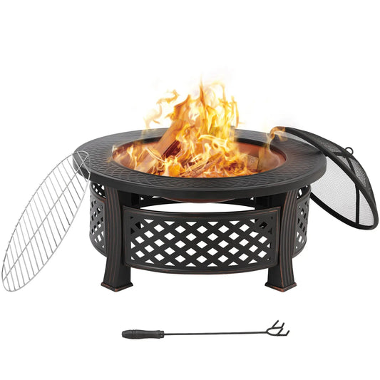 Vuurkorf - Vuurschaal - 3-in-1 - BBQ Grill - Schaal - met Grillrooster en Vonkenscherm – Grote Ø81 cm - Vuurbak voor Barbecue, Verwarming en Lounge - Bonfeu - Zwart