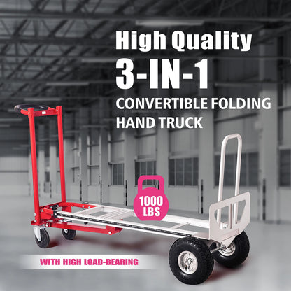 Steekwagen - Steekkar - Transportkar - Transportwagen - 3-in-1 Convertible Handtruck Dolly - 1000 lb Capaciteit - Telescopisch Frame – Non-Slip Wielen – Rood - QUORE