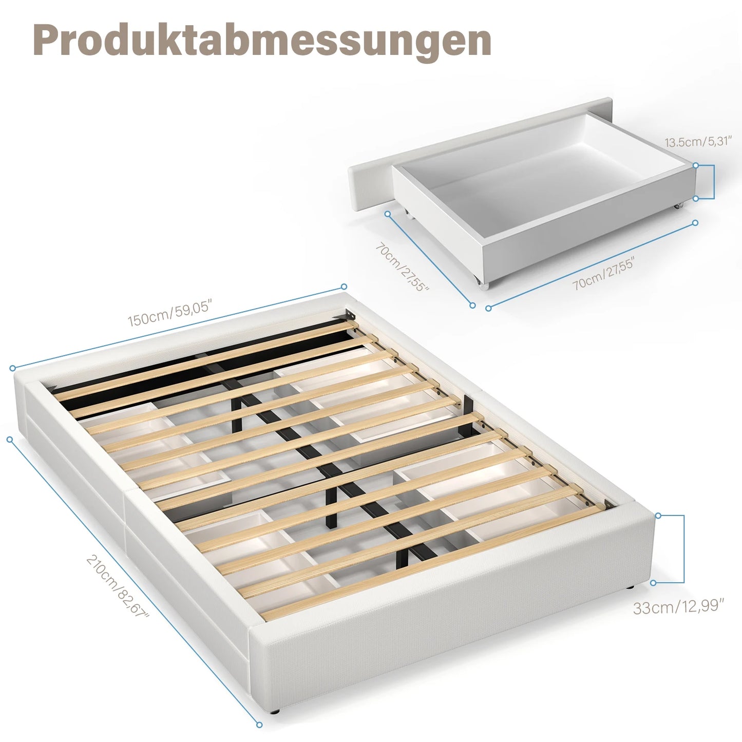 Bedframe – Bed – Platformbed – Tweepersoonsbed – Opbergbed – 210x150 cm – Linnen Bekleding Met Metalen Frame - QUORE