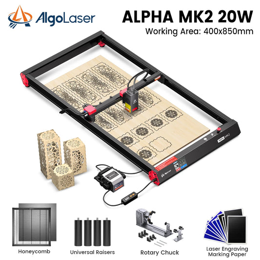 40x40CM/40X85CM 20W AlgoLaser Alpha MK2 with Air Pump/Rotary Chuck/Honeycomb Working Table/Raiser/10 pcs Marking Paper Optional