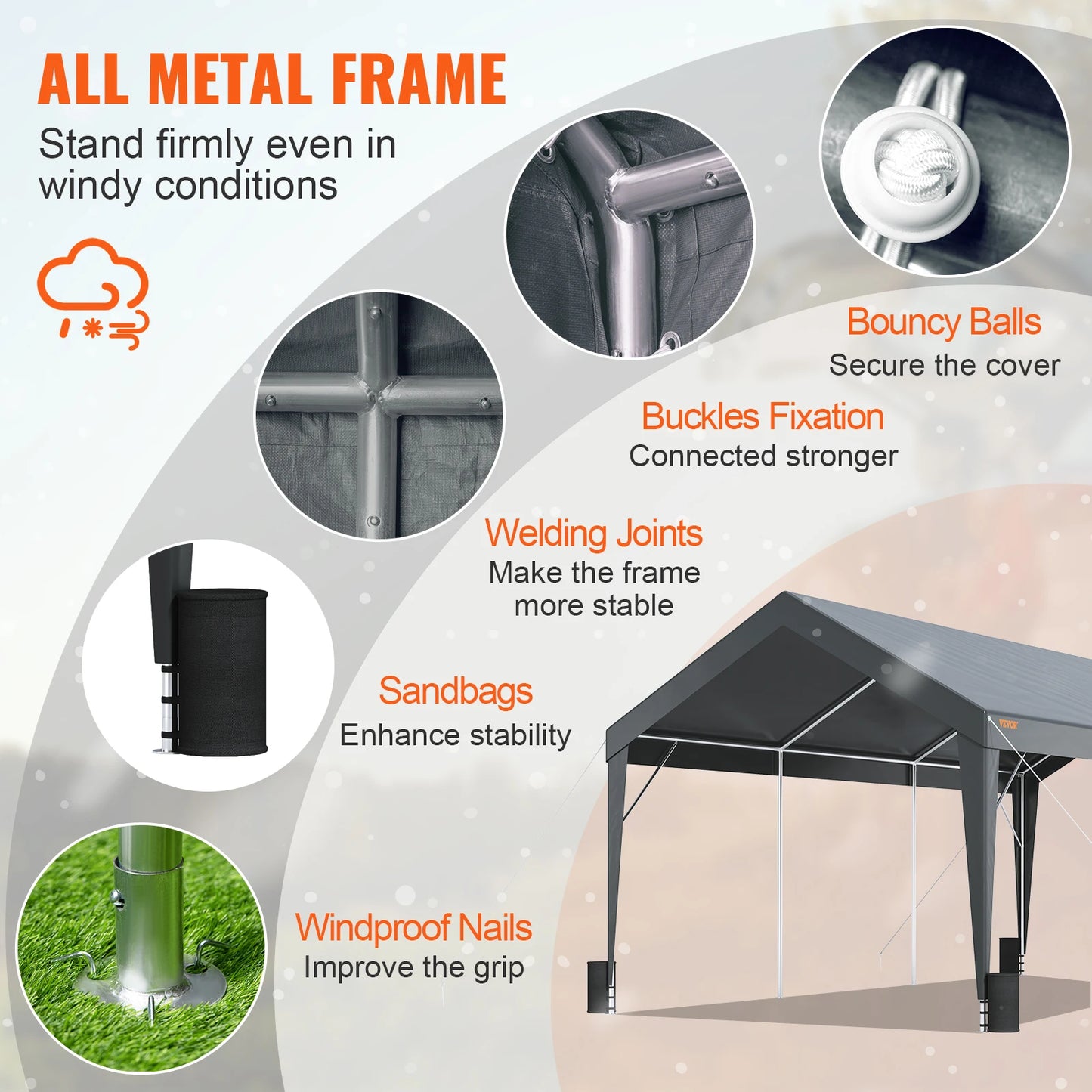 Garagetent - Partytent - Carport Tent - Tent - 10x20ft - Waterdichte - met Versterkt Stalen Frame - UV-bestendige - Auto Overkapping - PE Doek - Palen + 4 Zandzakken - Garage Tent - voor Buiten - Grijs