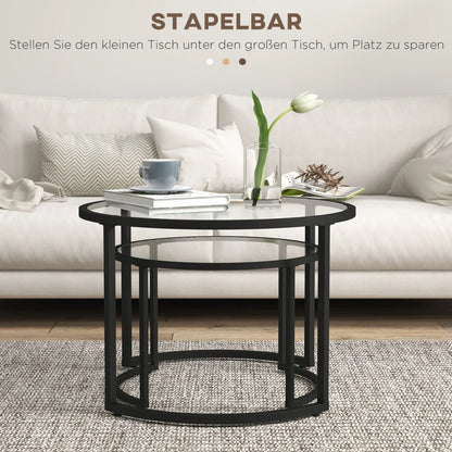 Salontafel Set – Tafel – Bijzettafel – Koffietafel – Woonkamertafel – Zwart Stalen Frame – Geharde Glazen Bladen – Stapelbaar – Ruimtebesparend