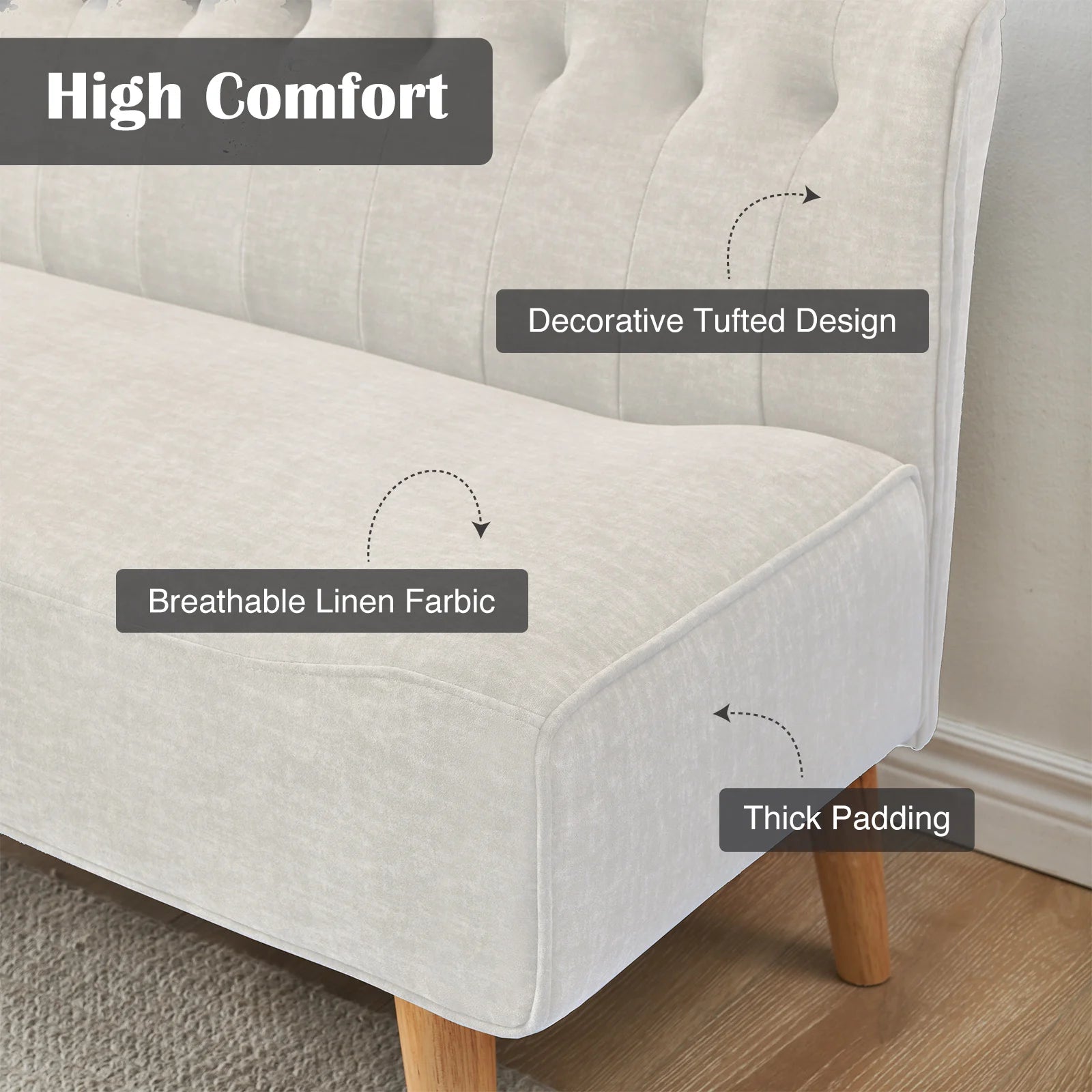 2-Zits Bank – Loveseat – Tweezitsbank – Compacte Bank – Sofabank Beige – Linnen Bekleding – Duurzame Houten Poten - QUORE
