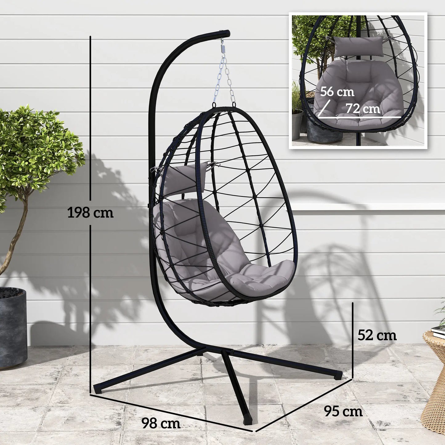 Hangstoel in Ei-vorm - Egg Hangstoel - Hangstoel Ei - Tuin Schommelstoel - met Standaard - Opvouwbare Mand - Inclusief Kussen - en Hoofdkussen - 198x98x95cm - voor Buiten - Terrasdecoratie - Balkon - Khaki