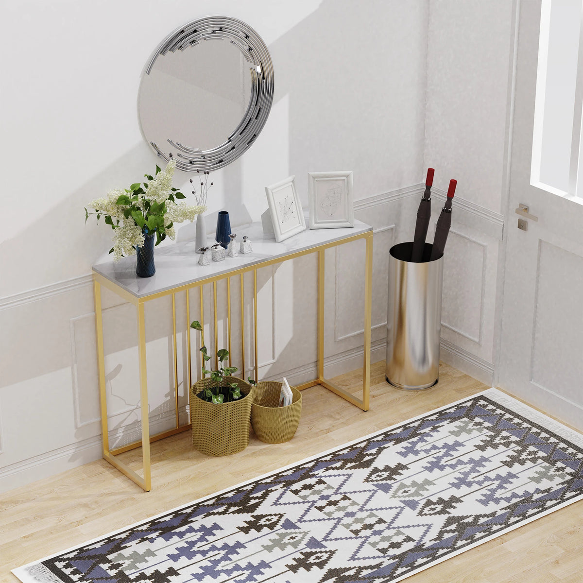 Tafel - Consoletafel - Haltafel - Moderne & Minimalistisch Consoletafel – Marmeren Look – Smalle Haltafel met Gouden Metaal Frame – Luxe Bijzettafel - voor Woonkamer - Gang - Entree - 100x30x78.5cm - Wit - QUORE