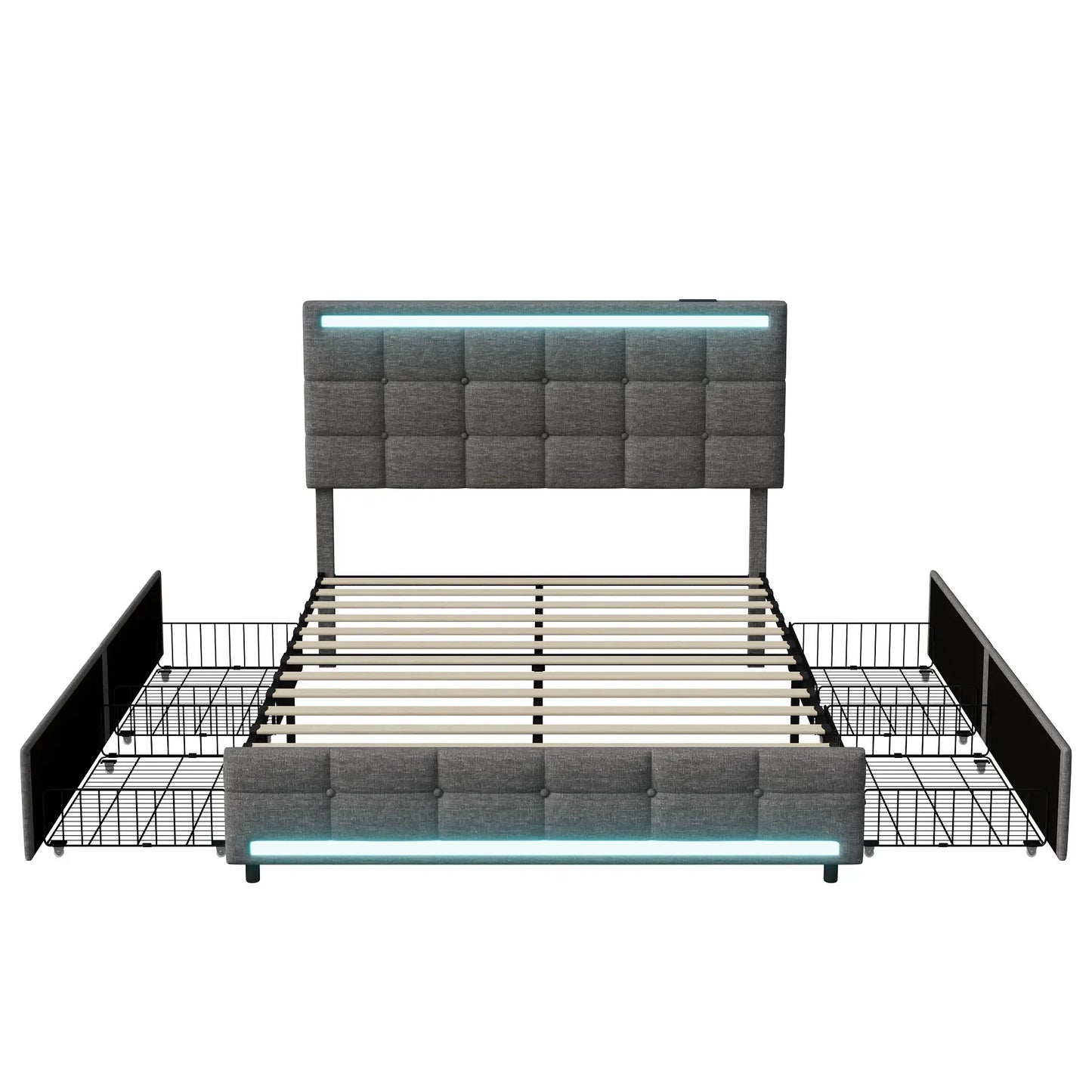 Bedframe – Modern Bed – Opbergbed – Gestoffeerd Bed – LED-Verlichting – USB-Poorten – Houten Lattenbodem