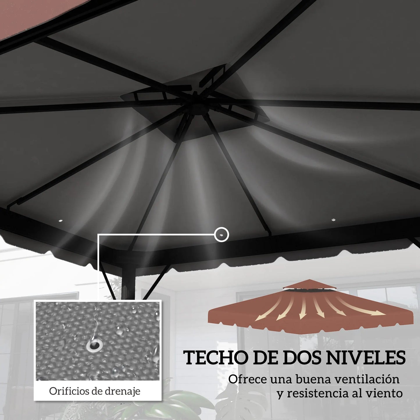 Gazebo - Tuin Dak - Reservedak - 2 Niveaus - Pergola Awning - met 170 g/m² Ademend Anti-UV Polyesterweefsel - PA-Coating - Stevig - Durzaam - voor Tuin - Buiten - 3 x 3 m - Chocolade