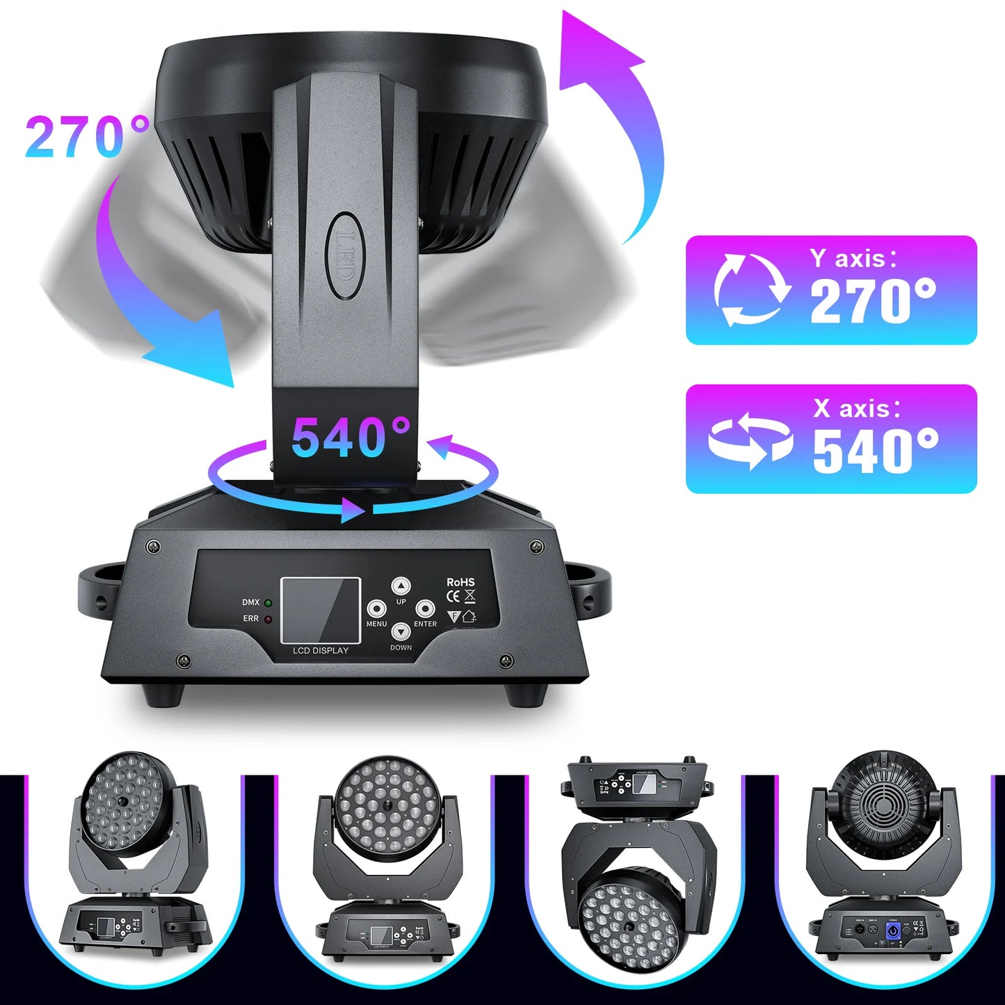 Movingheadlicht – Discolamp – Podiumverlichting – DJ Licht – Feestverlichting – EU Plug – RGBW 36x18W LED – 540° Draaibereik met DMX512 Besturing