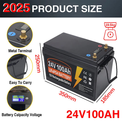 LiFePO4 Accu – Lithium Batterij – LFP Accu – Lithium-IJzerfosfaat Accu – Lithium Ion Accu – 24V 100AH – Ingebouwde BMS – IP65 Water- en Stofdicht