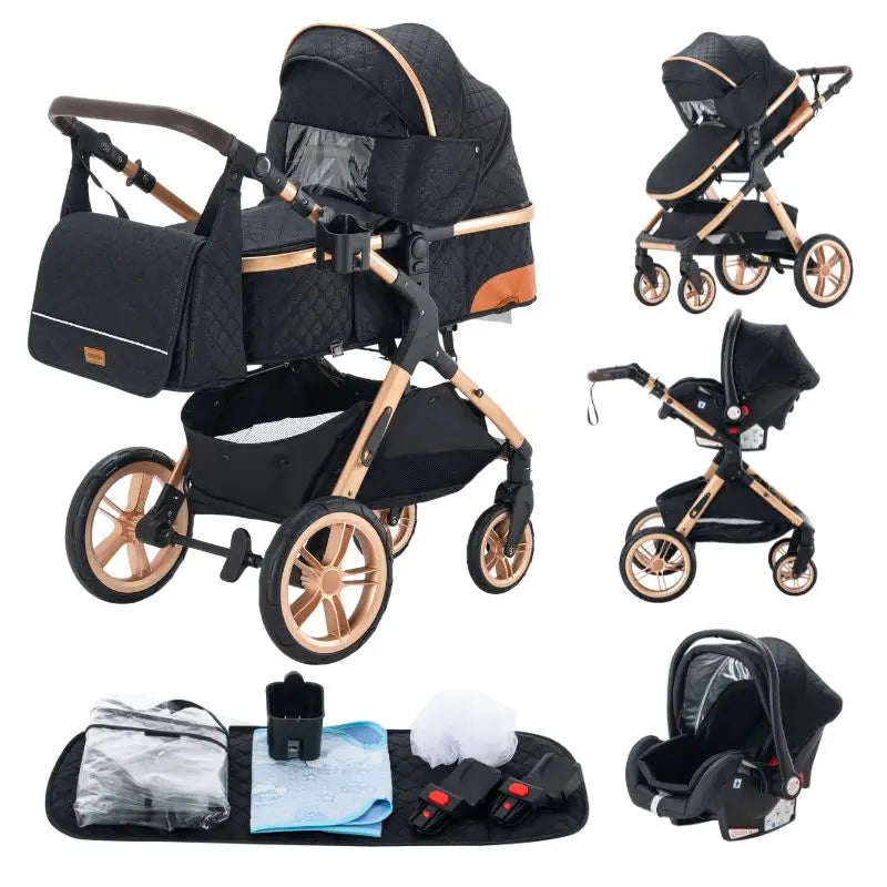 Stroller - Buggy - Kinderwagen 3-in-1 - Kinderwagens - Draagbare Reis Kinderwagen  - Hoogland Pram -Multifunctionele Aluminium Frame Kinderwagen - Hoge uitvoering - Zwart
