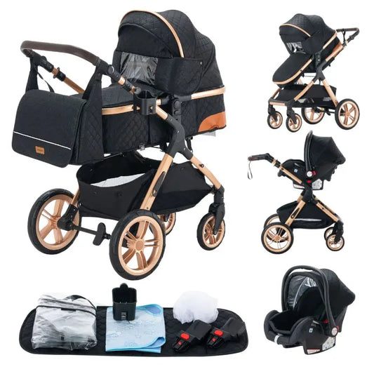 Stroller - Buggy - Kinderwagen 3-in-1 - Kinderwagens - Draagbare Reis Kinderwagen  - Hoogland Pram -Multifunctionele Aluminium Frame Kinderwagen - Hoge uitvoering - Zwart