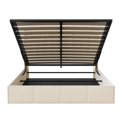Opbergbed – Opbergboxspring – Gestoffeerd Bed – Bed Met Lade – Velvet Hoofdbord – LED Verlichting – USB Poorten - 160 x 200 cm - Beige