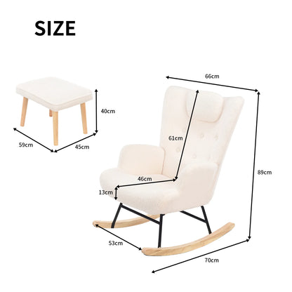 Schommelstoel – Rocking Chair – Relaxstoel – Fauteuil – Stoel Met Voetensteun – Teddy Velvet Bekleding – Ergonomisch Ontwerp – Wit