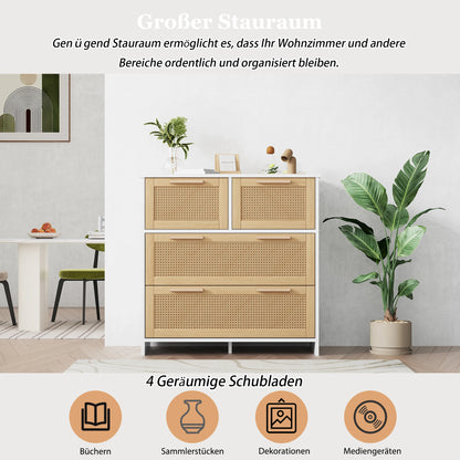Kast – Opbergkast – Ladekast – Rietenkast – 4 Laden – Natuurlijk Materiaal – Kantelbeveiliging - 80 x 80 x 38 cm - Lichte Koffie