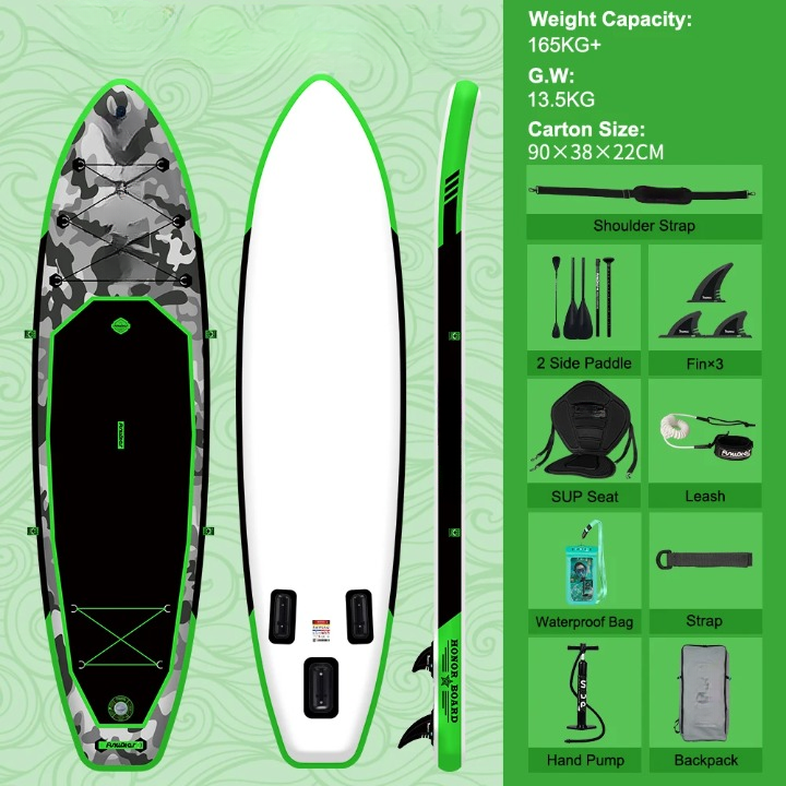 Supboard - Paddle Board - Peddelplank - Surfplank - Opblaasbaar - met Zitje - Inc. Rugzak - Peddel - Handpomp - Reparatieset - Leiband - Vinnen - Handleiding - Waterdichte Tas - 330 × 84 × 15 cm - Groen