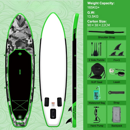 Supboard - Paddle Board - Peddelplank - Surfplank - Opblaasbaar - met Zitje - Inc. Rugzak - Peddel - Handpomp - Reparatieset - Leiband - Vinnen - Handleiding - Waterdichte Tas - 330 × 84 × 15 cm - Groen