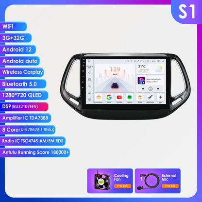 Hizpo Car Android 14 for Jeep Compass 2017 -2020 Auto Radio Multimedia Player GPS Navigation Carplay Stereo 4G BT No 2din DVD AI