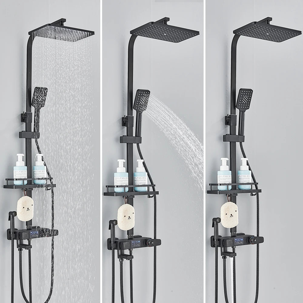 Douche - Regendouche - Douchewand - Douchekolom - Douchepanelen - Mat Zwarte Thermostatische Regendouche Set – Badkraan met Opbergrek & Verstelbare Hoogte - Zwart