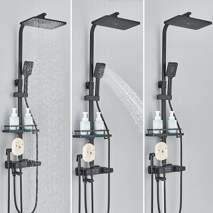 Douche - Regendouche - Douchewand - Douchekolom - Douchepanelen - Mat Zwarte Thermostatische Regendouche Set – Badkraan met Opbergrek & Verstelbare Hoogte - Zwart