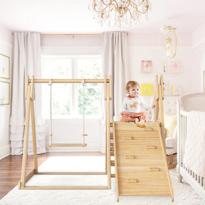 Houten Speeltoestel – Houten Klimtoestel – Houten Schommel – Kinder Speeltoestel – 3-In-1 Design – Instelbare Schommel – Antislip Platform - 124 x 174 x 110 cm - Houtkleur - QUORE