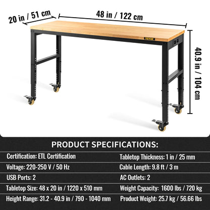 Zware Werkbank met Wielen en Stroomaansluiting – Verstelbare Multifunctionele Werktafel – Draagvermogen tot 900 kg – 122 x 51 x 105 cm – Voor Garage, Werkplaats of Klusruimte