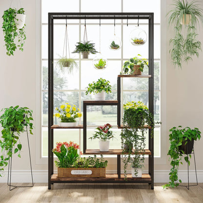 Plantenstandaard - Hoge Binnen Plantenplank - 5-Tier - 70.9 Inch Hoogte - Grote Metalen Plantenrek - Plantenrekken - Bloemenrek - Plantenstandaarden - Inclusief 10 Ophanghaken – Geschikt voor Tuinen en Interieur - Bruine Afwerking - QUORE