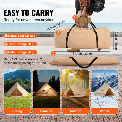 Canvas Bell Tent – Kampeertent – Familie Tent – Ruime Tent – Ademend Canvas – 4 Personen – Kacheluitlaat - QUORE