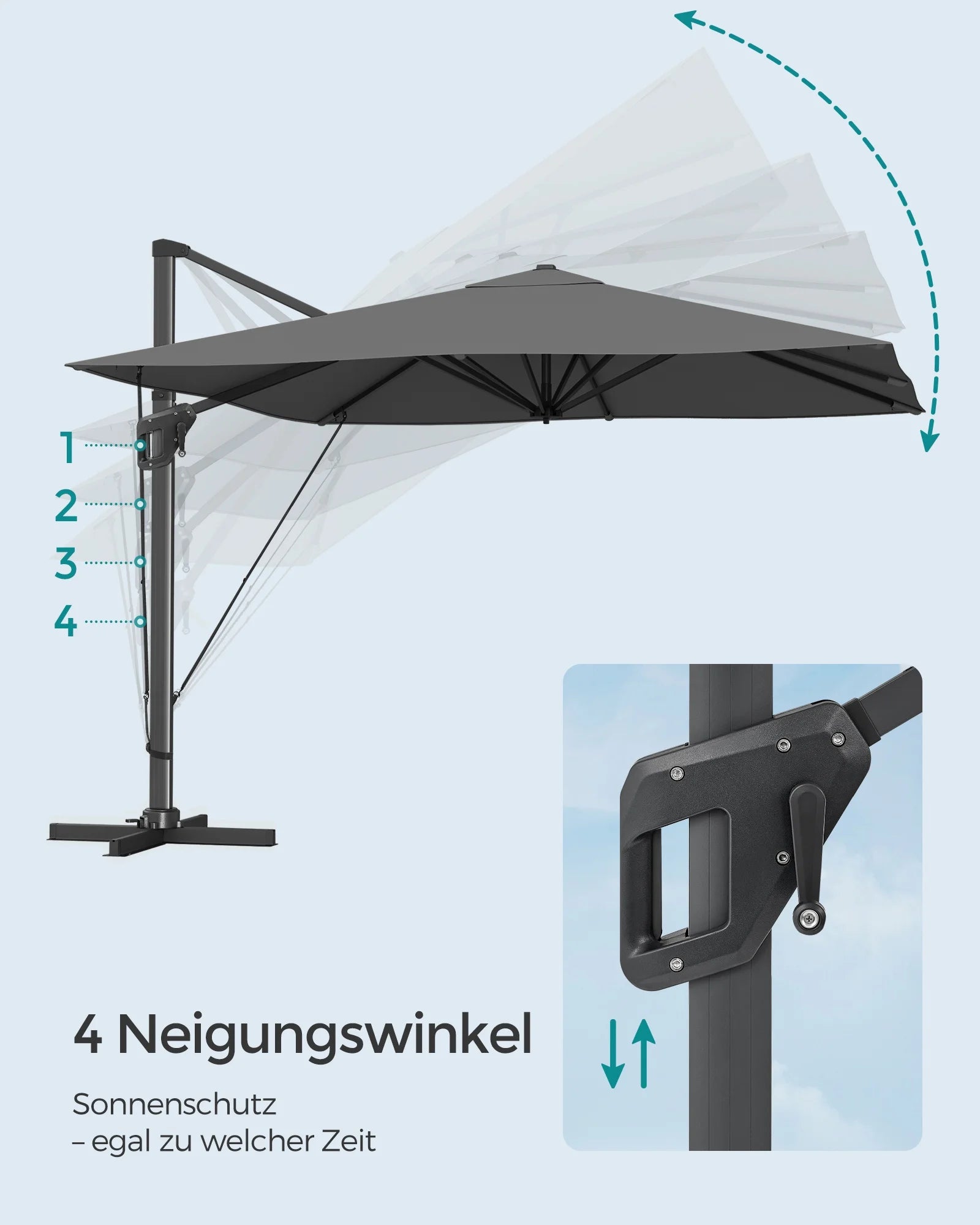 Parasol – Tuinparasol – Terrasparasol – Zonneparasol – Rond – 290x290 Cm – 360° Draaibaar - Rookgrijs - QUORE