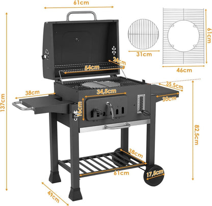 Houtskool Barbecue - XXL BBQ - Smoker Barbecue - Grilloppervlak - Houtskoollade - Opvouwbare Zijtafels - 130x137x49 cm - Zijpanelen - Zwart