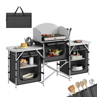 Campingkast - Campingkeuken - Campingkast Opvouwbaar - Kampeerkast - met Werkbladen - Aluminium Reiskeuken - Met Opbergruimte en Draagtas - voor Buiten, Tuin en BBQ – Zwart
