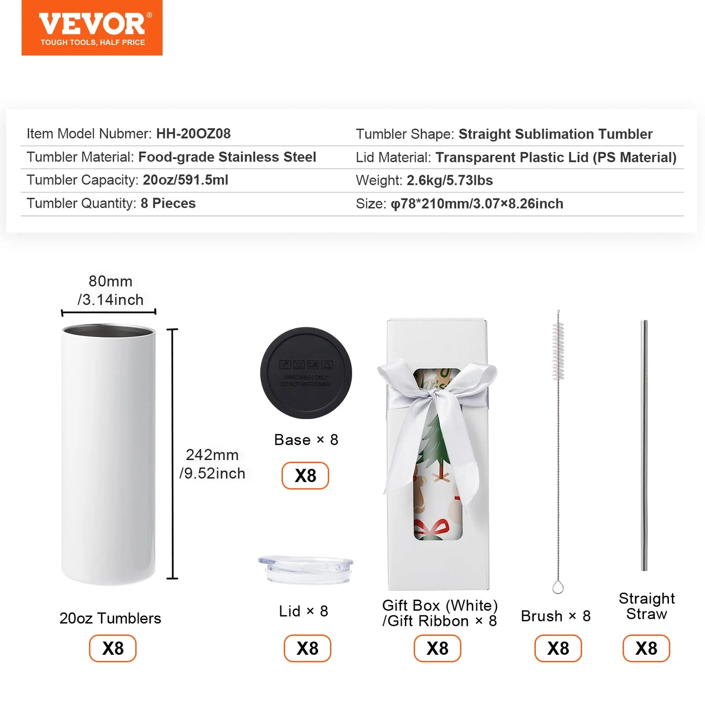 VEVOR 8/12/14/16/24/50PC Straight Sublimation Tumblers Blank Tumbler Bulk Stainless Steel Double Wall Tumbler Cups Heat Transfer - QUORE