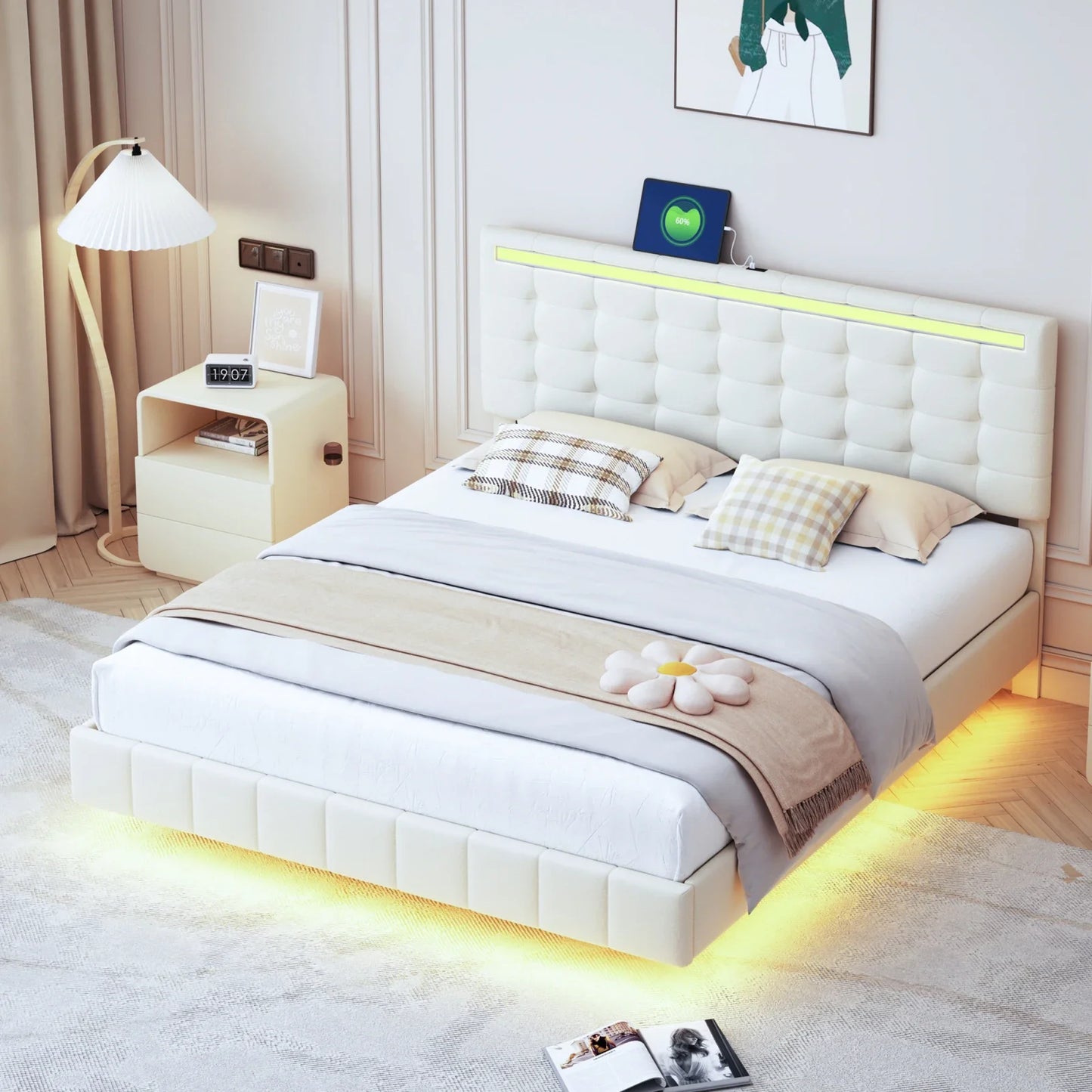 Bedframe – Bed – Tweepersoonsbed – Boxspring – Ledikant – Zwevend Ontwerp – Ingebouwde LED-Verlichting