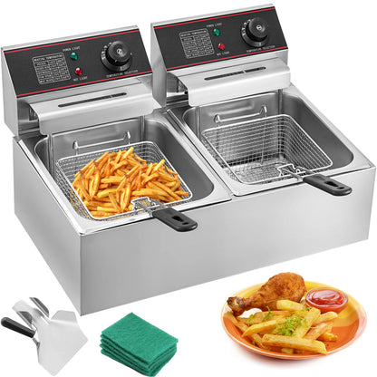 VEVOR 12L 5000W Electric Deep Fryers Dual Tanks with Dual Basket & Lid Double Deep Fat Fryer Adjustable Temperature Control
