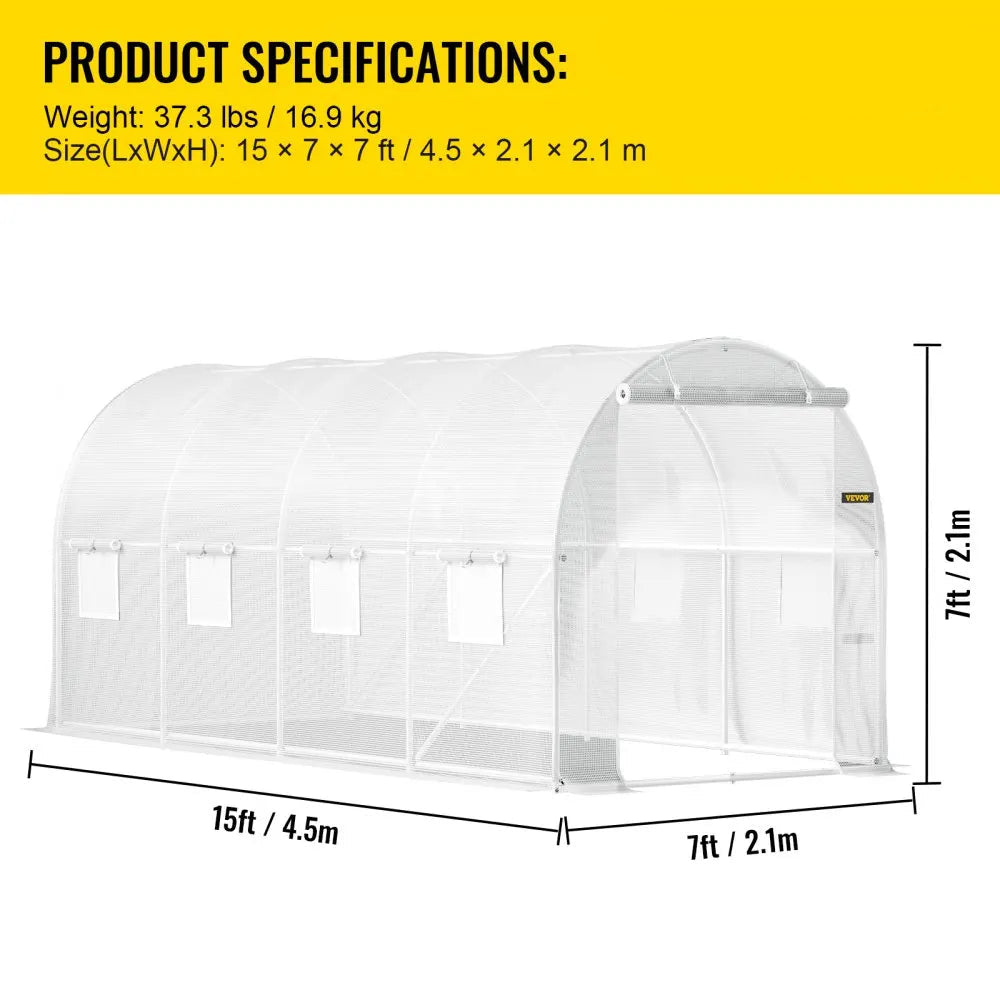 Kweekkas - Walk-in Tunnel Tuinkas - Tuinkassen - Kas - Tomatenhuis - 15x7x7 ft – Stalen Frame – Witte PE Cover – Roll-up Ritsdeur – Plantenhuis - Serre - Bescherming & Ventilatie voor Planten