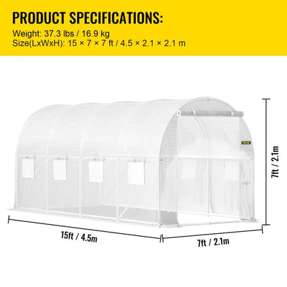 Kweekkas - Walk-in Tunnel Tuinkas - Tuinkassen - Kas - Tomatenhuis - 15x7x7 ft – Stalen Frame – Witte PE Cover – Roll-up Ritsdeur – Plantenhuis - Serre - Bescherming & Ventilatie voor Planten