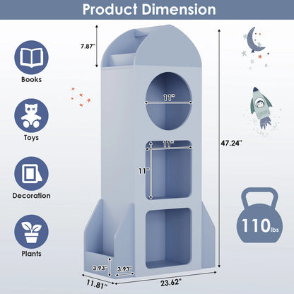 Kinderboekenkast – Raket Boekenkast – Kinderkast – Speelgoedkast – Kinderboekenplank – Lichtblauw – MDF Hoogwaardige Materialen – 120 cm Hoog