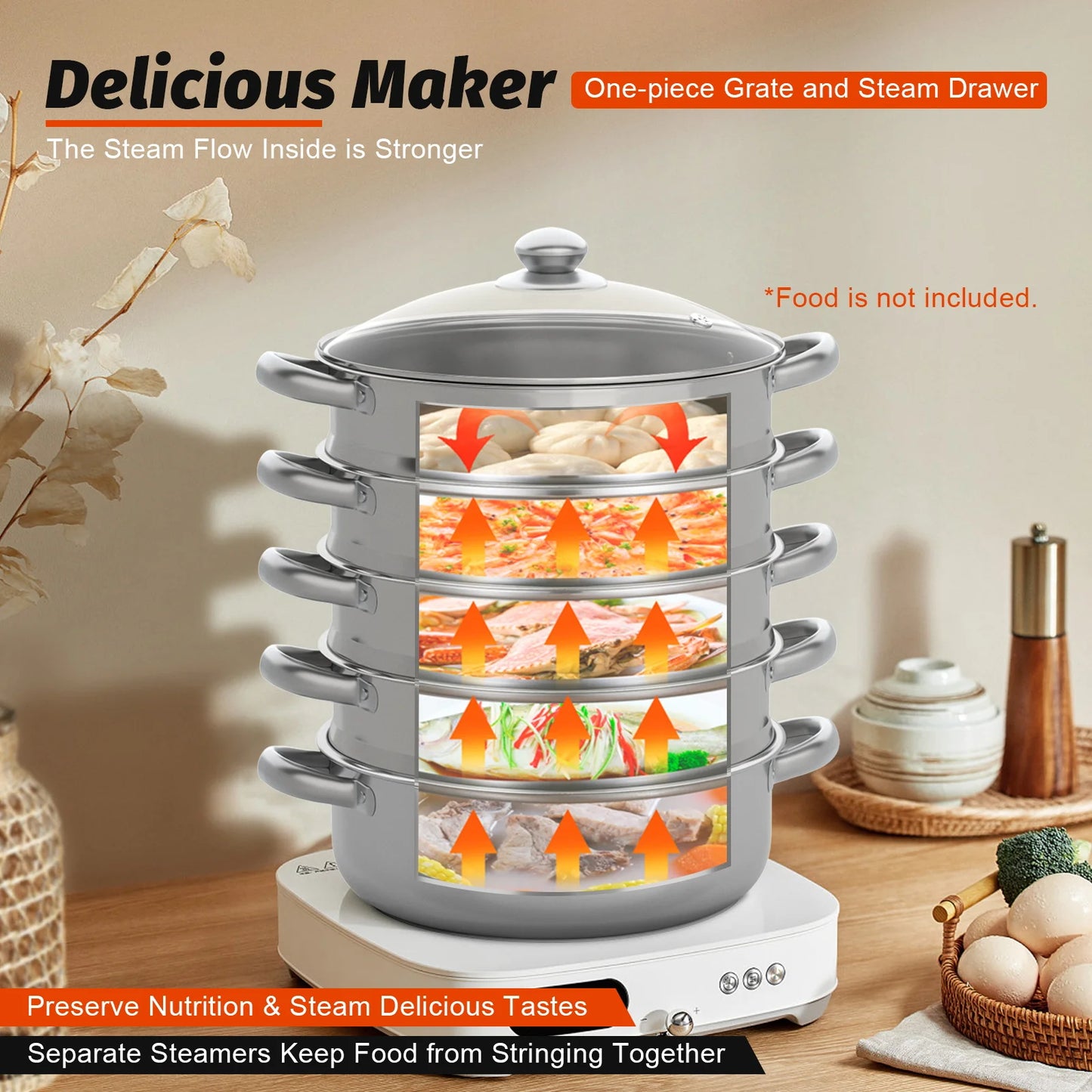 5 Laagse Stoomkoker van Roestvrijstaal – Stapelbare Stomer/Stoompan met Deksel – Diameter 26 cm – Geschikt voor Gezond Koken van Groenten - Vis - Rijst & Dim Sum