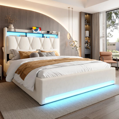 Bedframe 160x200 cm – Fluwelen Bed – Slaapkamerbed – Opbergbed – LED Bedframe – Ivoor – Verstelbaar Hoofdeinde Met LED – Extra Opbergruimte Met USB-Aansluiting