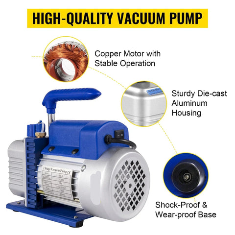 Vevor - Vacuum Pump - Refrigerant Vacuum Pump - Refrigeration Tools - HVAC Refrigeration - 4000Psi - 3CFM 1-4HP Gauge, with Gauge - Blue