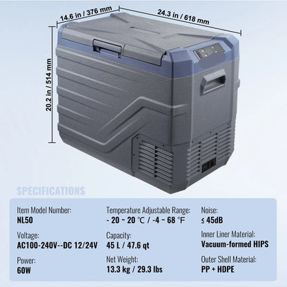 Elektrische Koelbox - Frigobox - Refrigerator - Car Fridge - Draagbaar - 45L - Dual Zone Compressor Koelbox - voor Auto, Camping en Reizen - Coolbox - Besturing via Bluetooth-app op smartphone