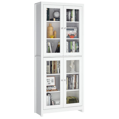 Vitrinekast – Vitrinekast Met Deuren – Displaykast – Boekenkast – Keukenkast – 4 Glazen Deuren – Strak Mat Wit – 190x80x33 cm Hoog