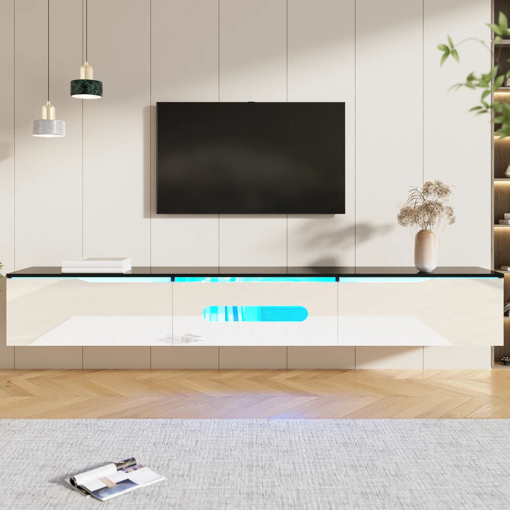Zwart-wit TV-meubel – Tv-kast – Tv-bord – Wandmeubel – Zwevend Tv-meubel – 180 cm breed – 16-kleuren LED verlichting via app