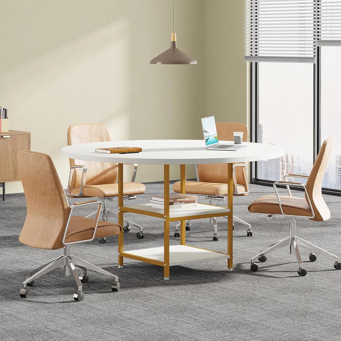 Ronde Vergadertafel – Meetingtafel – Overlegruimte – Werktafel – Conferentietafel – 120 Cm Diameter – Wit Tafelblad – Met Opbergruimte - 120 x 120 x 75 cm - Wit-Goud