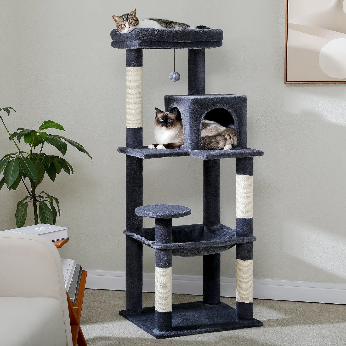 Krabpaal - Kattenboom - Katten Klimmuur - Sisal Krabpalen - Arbre a Chat - Hangmat - Kattenhuisje - 45x55x143cm - Grijs