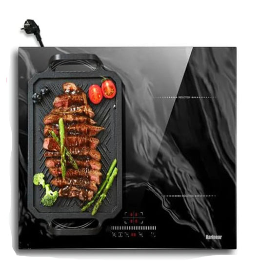 Induction hob - Induction Hob - Induction Cook Top - Induction Cooker - Electric Burner - 4-burner induction hob - with marbling - plug and flex zone - 3500W - with touch control - timer - safety lock - Black