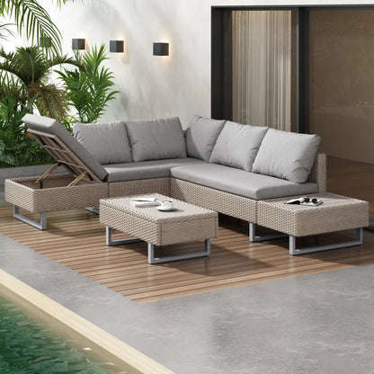 Loungebank – Tuinbank – Loungeset – Buitenbank – Tuinmeubel – UV-bestendig PE-Rattan – Verstelbare Rugleuning - Khaki